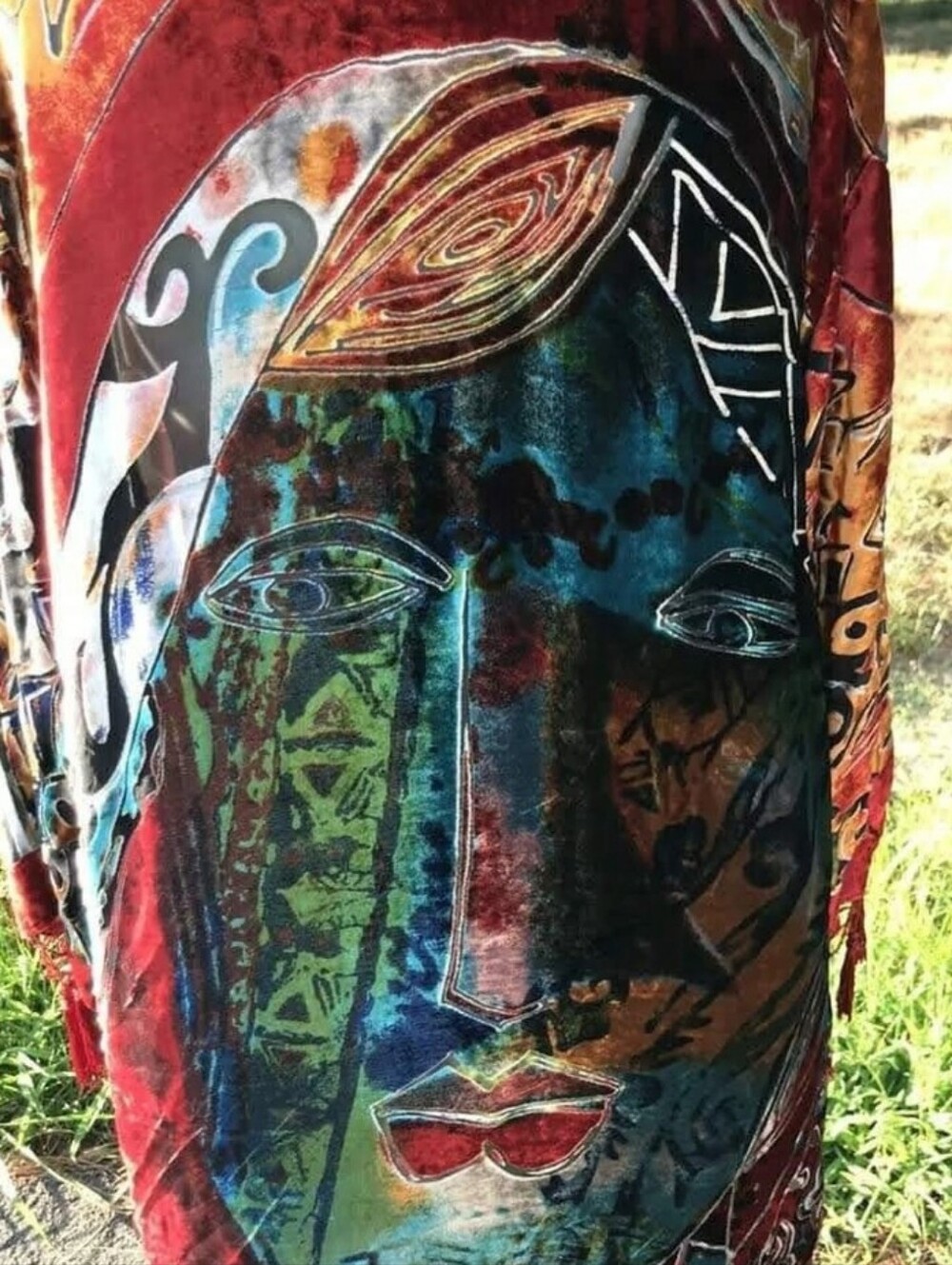 Chico's Multicolor Velvet Fringe Kimono with Artistic Face Motif ๐จ *Rare Find* - Picture 3 of 6